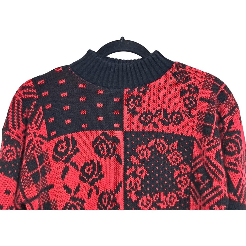 Vintage 80s Floral Sweater Womens S Red & Black Patchwork by Separate Issue - Picture 4 of 9